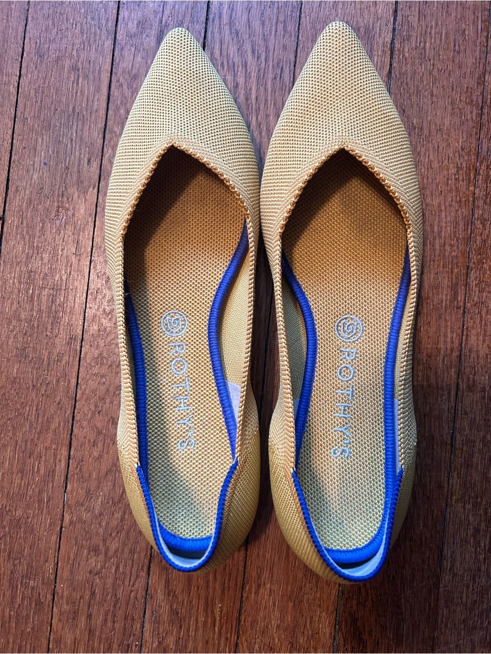 Rothy's Pointed Flat in Mustard Yellow with Blue Trim